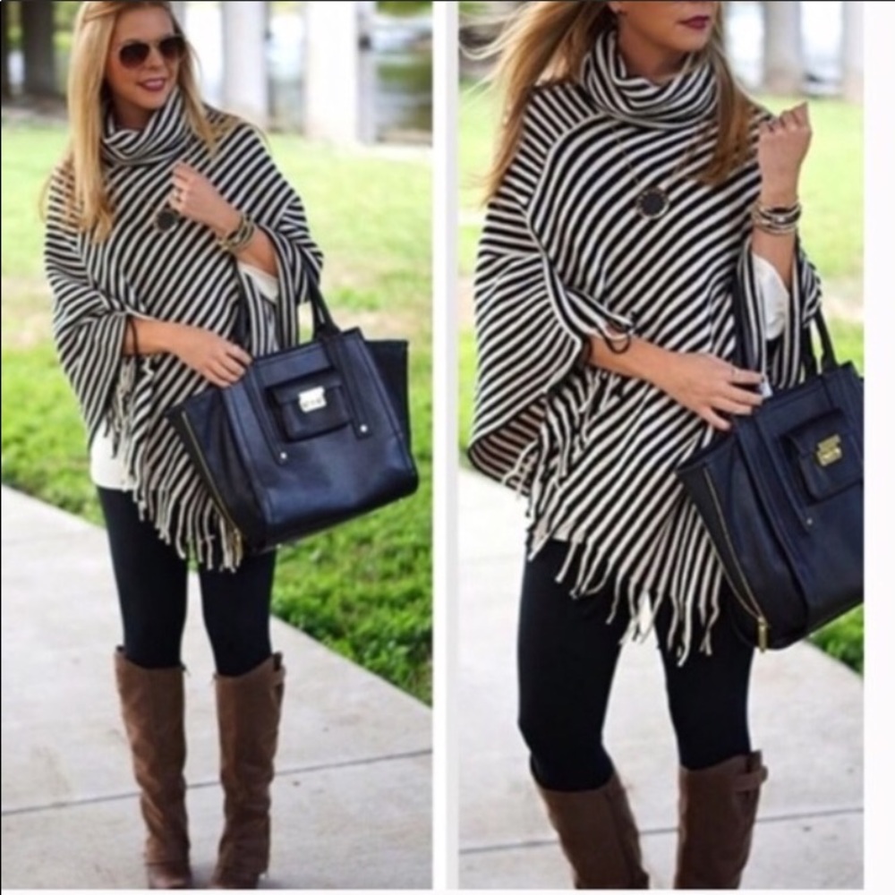 Cowl Fringe Poncho Black White Stripe